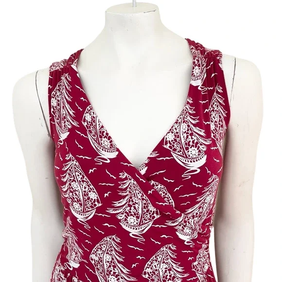 LANDS' END Whimsical Sailboat Print Faux Wrap Jersey Knit Dress SZ 8